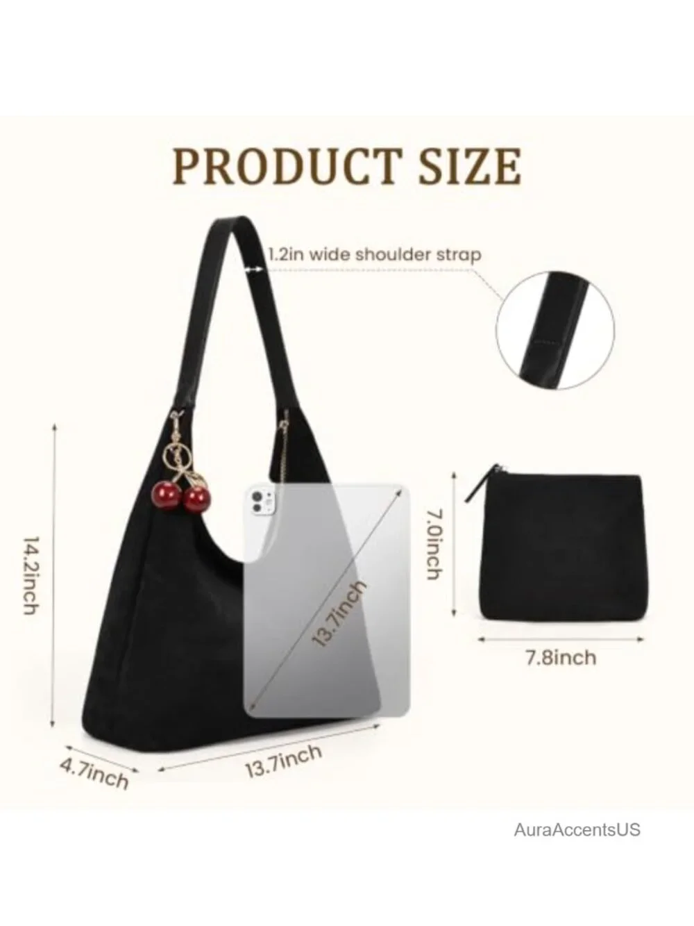 Vegan Suede Slouchy Hobo Bag Large Shoulder Purse with Cherry Charm